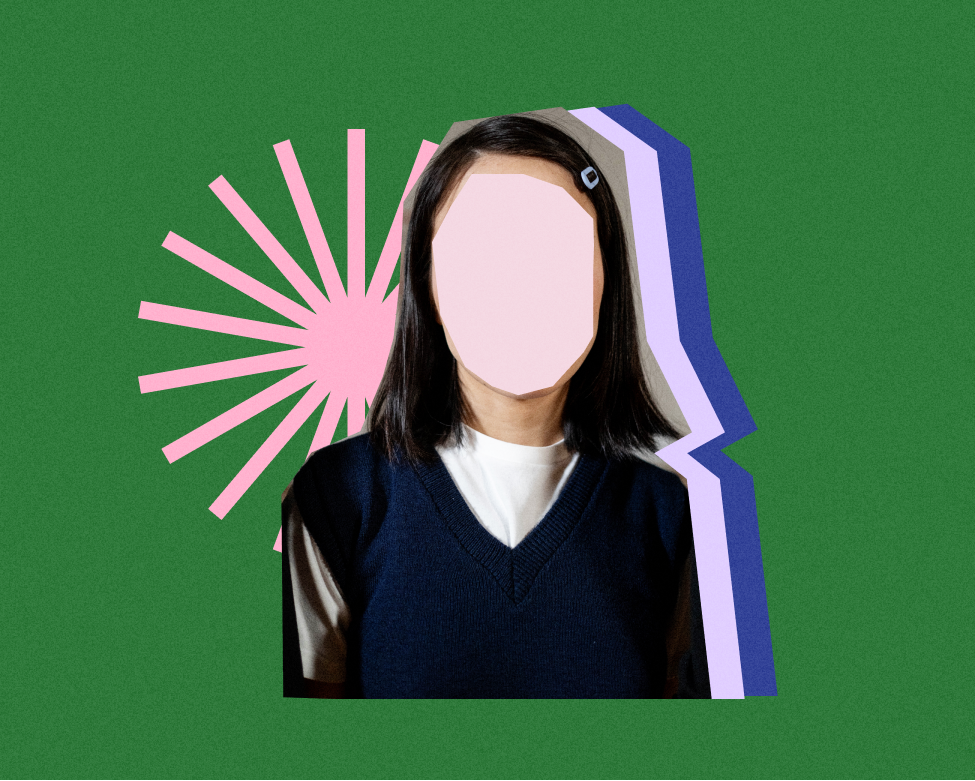 коллаж: девушка на зелёном фоне, лицо закрыто овалом, что символизирует анонимность